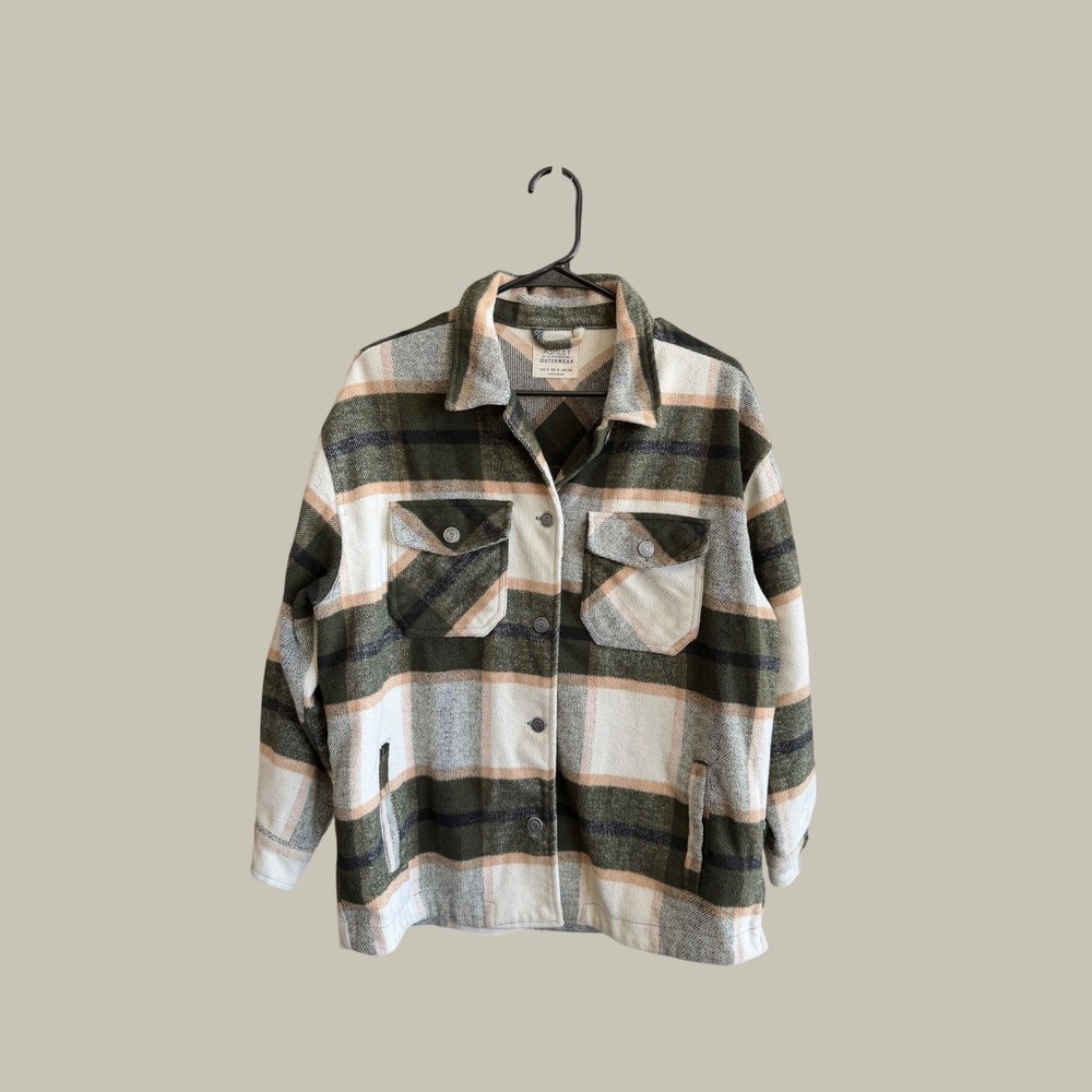 Ashley by 26 International Plaid Shacket Green Cream Oversized Small Jacket